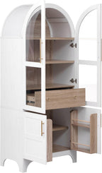 71" Tall Arched Farmhouse Pantry Cabinet with Adjustable Shelves & Glass Door, Spacious Storage Cabinet with Hidden Drawer & Door Racks for Kitchen, Dining Room, Living Room(White)