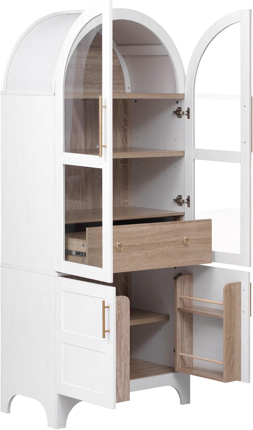 71" Tall Arched Farmhouse Pantry Cabinet with Adjustable Shelves & Glass Door, Spacious Storage Cabinet with Hidden Drawer & Door Racks for Kitchen, Dining Room, Living Room(White)