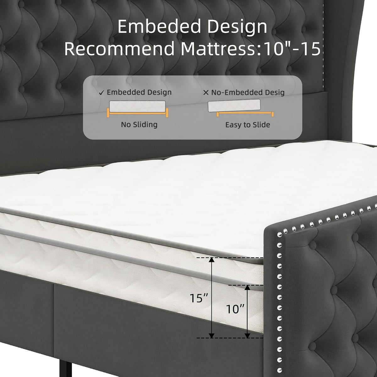BRELTAM Upholstered Queen Size Bed Frame Velvet Tufted Platform Bed Frame with Wingback Headboard & Footboard, with Deep Button Tufted & Nailhead Wooden Slats Support, No Box Spring Needed,Grey