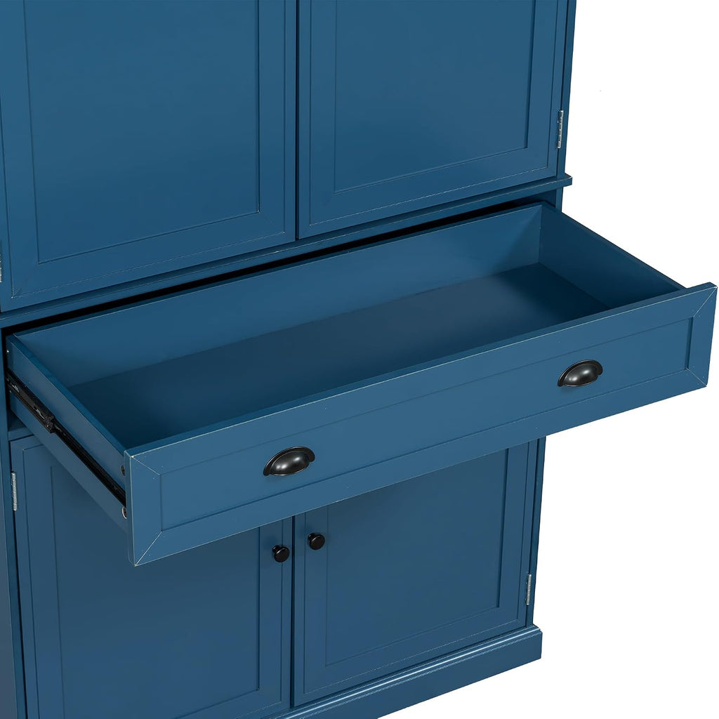 VilroCaz Freestanding 4 Doors Kitchen Pantry, Wood Kitchen Cupboard Storage Cabinet with 6 Door Shelves, Drawer and 3 Pull-Out Trays for Dining Room (Blue-4.14)
