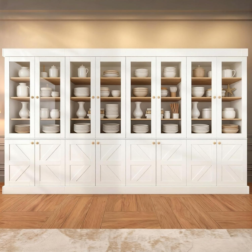 Vyre 71" Tall Farmhouse Kitchen Pantry, Set of 4 Large Storage Cabinets with Glass Doors, Adjustable Shelves, Wood Versatile Hutch Cabinet for Living Room, White