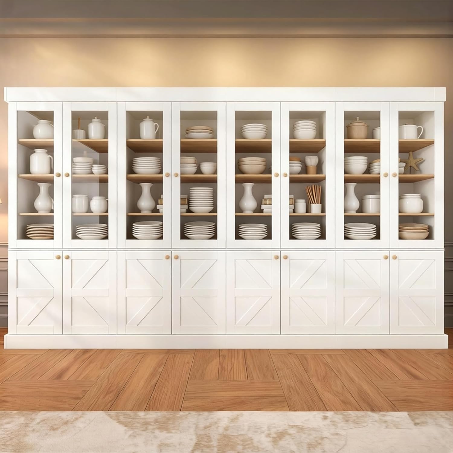 Vyre 71" Tall Farmhouse Kitchen Pantry, Set of 4 Large Storage Cabinets with Glass Doors, Adjustable Shelves, Wood Versatile Hutch Cabinet for Living Room, White