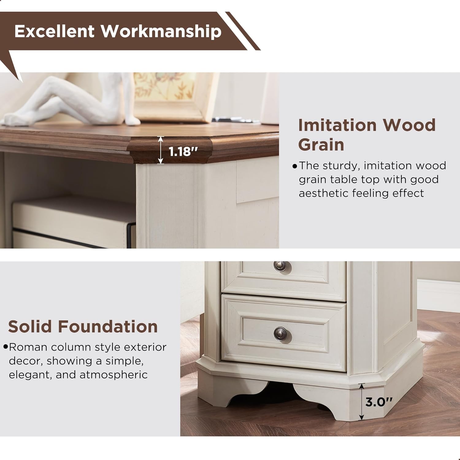 T4TREAM Farmhouse Nightstand Set of 2 with Charging Station, 18" End Table with 2 Drawers, Wood Side Table, Bedside Cabinet for Bedroom, Living Room (Antique White)