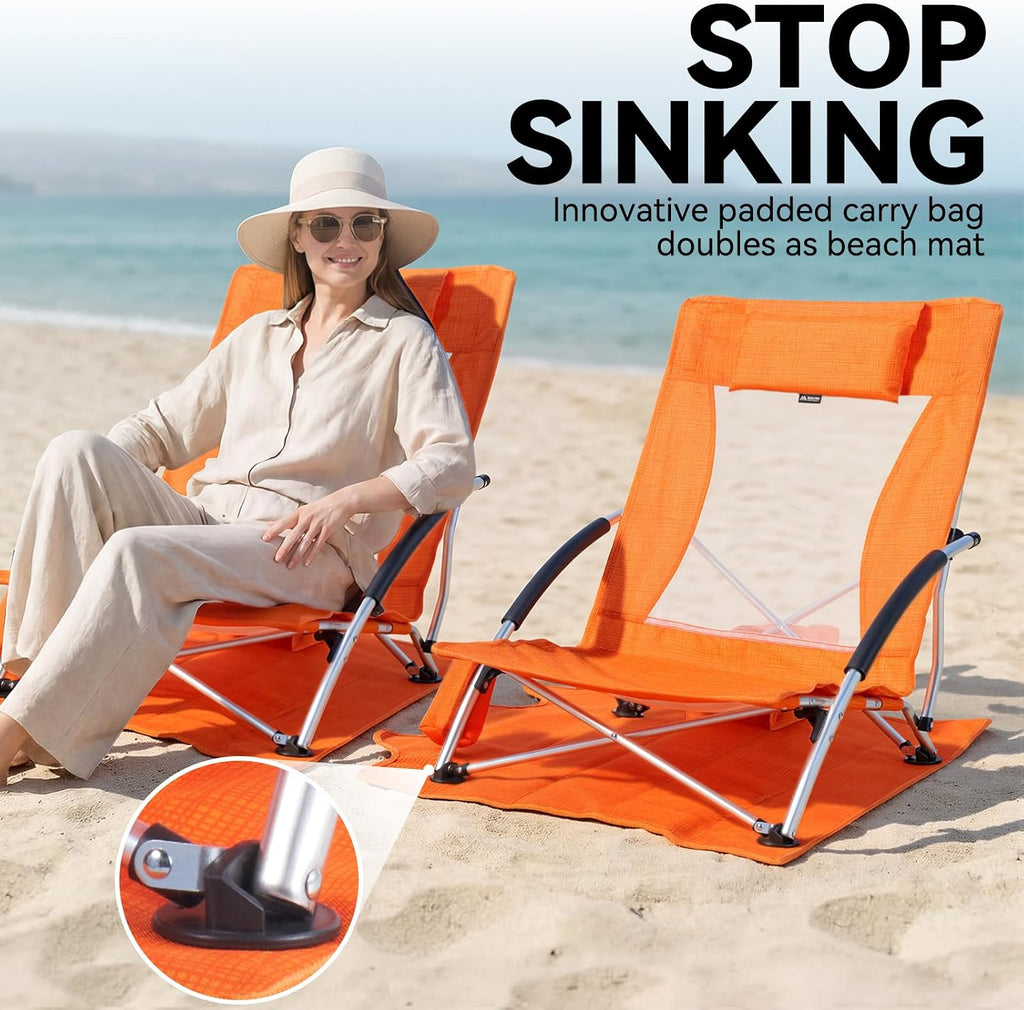 Huskfirm Low Beach Chairs 2 Pack, Aluminum Folding Beach Chair for Adults, Lightweight Backpack Beach Chairs with Cup Holder & Carry Bag, Heavy Duty Beach Chair Set for Beach, Camping, Concert, Orange