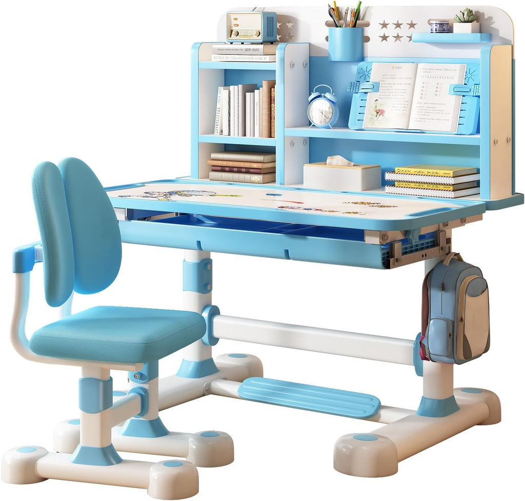Kids Desk and Chair Set, 46" Study Desk with Bookstand & Storage | Adjustable Height Ergonomic Student Desk with Posture Corrector, Footrest for Children's Room (Pink, Blue) (Blue)