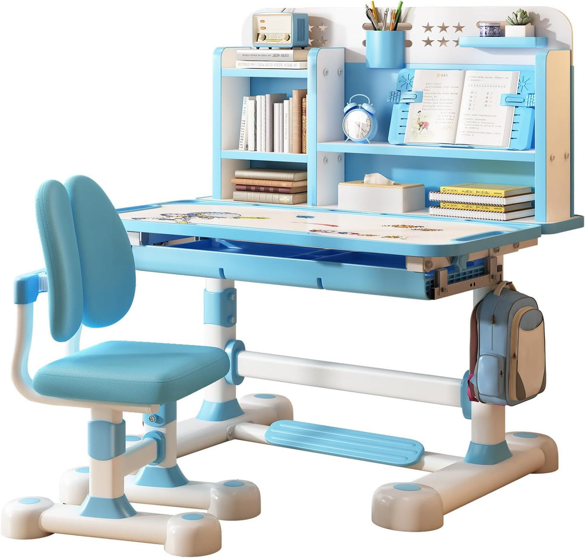 Kids Desk and Chair Set, 46" Study Desk with Bookstand & Storage | Adjustable Height Ergonomic Student Desk with Posture Corrector, Footrest for Children's Room (Pink, Blue) (Blue)