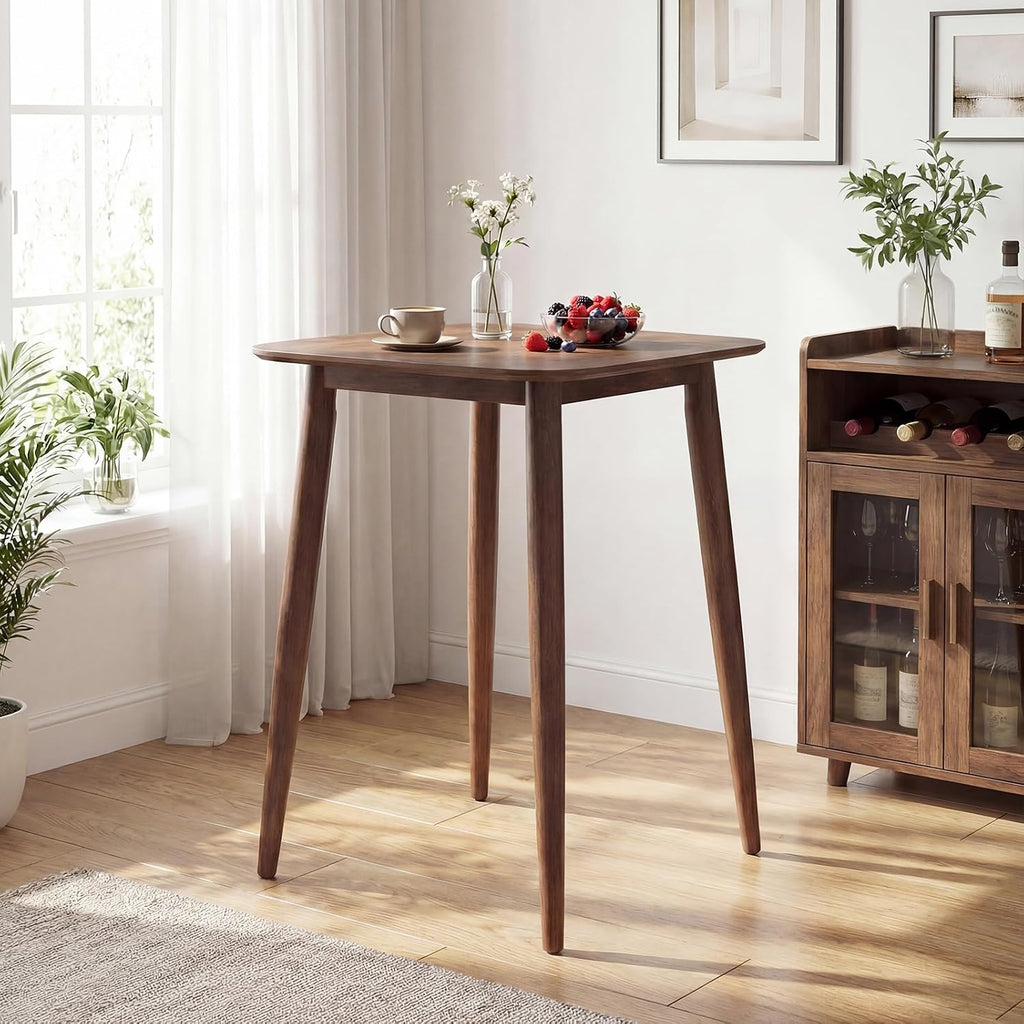 COSTWAY 36 Inch Counter Height Dining Table, Solid Rubber Wood Farmhouse Kitchen Table with Sturdy Pedestal Base, Walnut Finish