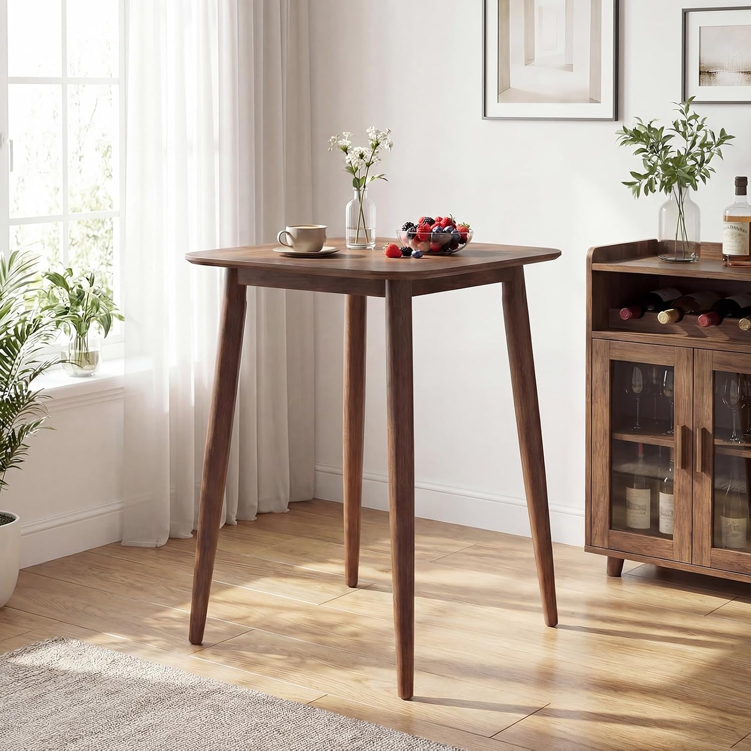 COSTWAY 36 Inch Counter Height Dining Table, Solid Rubber Wood Farmhouse Kitchen Table with Sturdy Pedestal Base, Walnut Finish