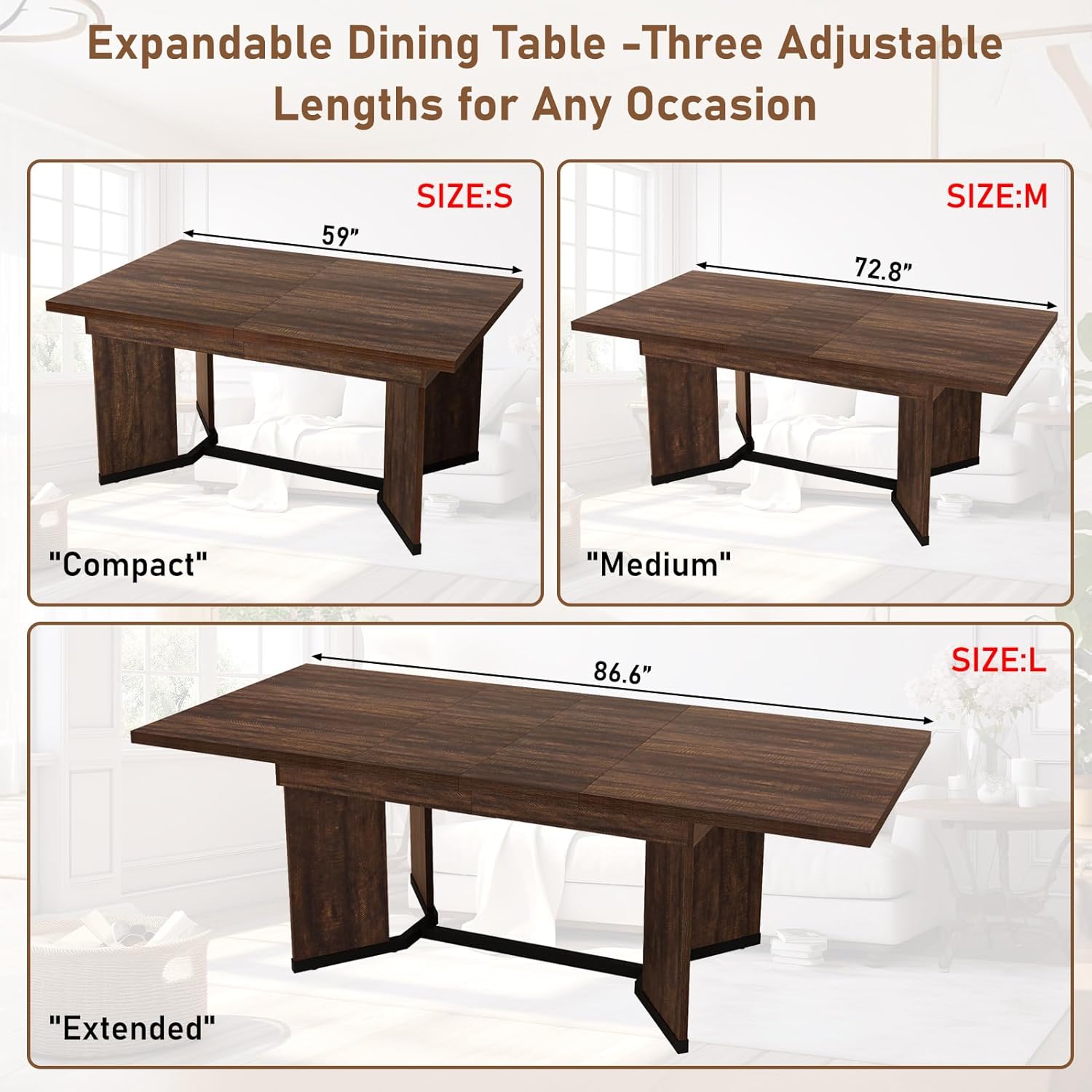 86 in Extendable Dining Table for 6 8 10 People,59"-86" Farmhouse Rectangle Extending Dining Table w/Removable Leaves Space Saving,Wooden Adjustable Tables for Kitchen Office Living Room (Brown)