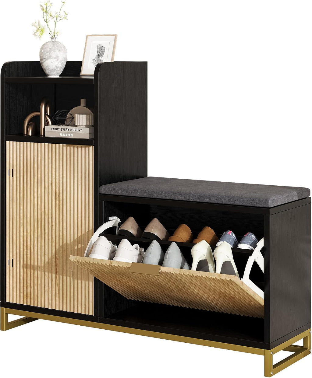 L-Shaped Shoe Storage Bench with Cushioned Seat & 2 Flip Drawer, 39'' Entryway Bench with Wave Door & Adjustable Shelves, Farmhouse Bench Cabinet for Entryway, Hallway (Natural & Black)