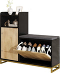 L-Shaped Shoe Storage Bench with Cushioned Seat & 2 Flip Drawer, 39'' Entryway Bench with Wave Door & Adjustable Shelves, Farmhouse Bench Cabinet for Entryway, Hallway (Natural & Black)