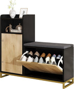 L-Shaped Shoe Storage Bench with Cushioned Seat & 2 Flip Drawer, 39'' Entryway Bench with Wave Door & Adjustable Shelves, Farmhouse Bench Cabinet for Entryway, Hallway (Natural & Black)