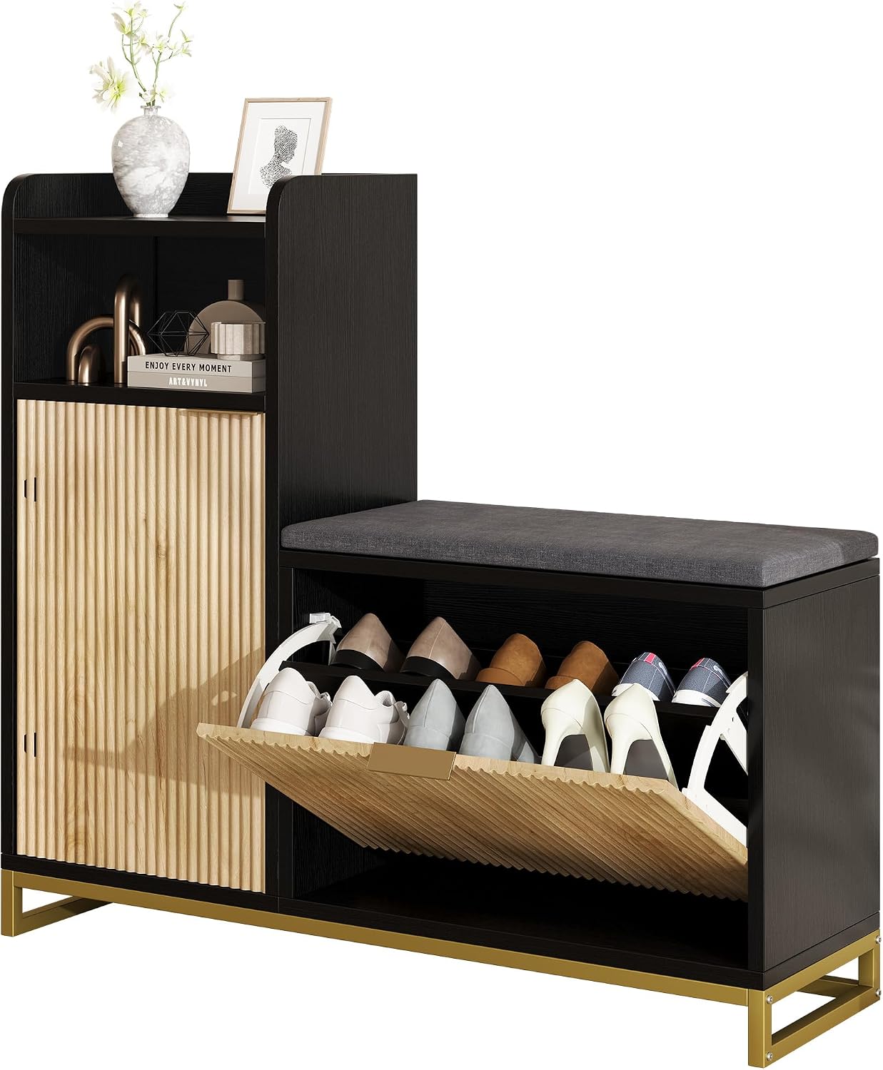 L-Shaped Shoe Storage Bench with Cushioned Seat & 2 Flip Drawer, 39'' Entryway Bench with Wave Door & Adjustable Shelves, Farmhouse Bench Cabinet for Entryway, Hallway (Natural & Black)