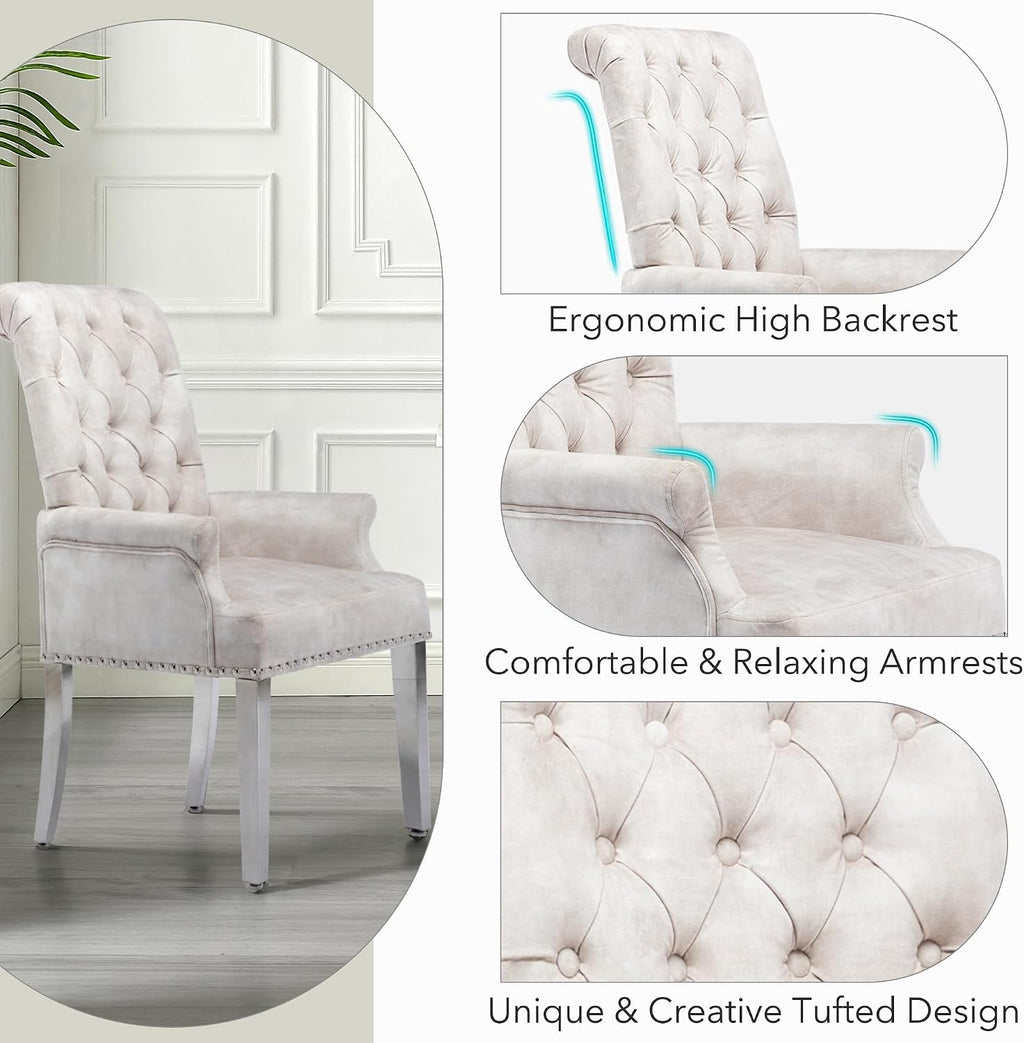 LOULENS Tufted Velvet Armrest Dining Chairs, Modern Upholstered Chairs with Stainless Steel Legs for Dining Room, Kitchen, Living Room, Bedroom, Beige
