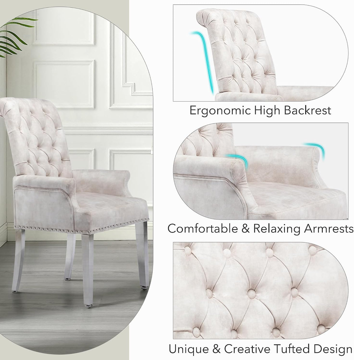 LOULENS Tufted Velvet Armrest Dining Chairs, Modern Upholstered Chairs with Stainless Steel Legs for Dining Room, Kitchen, Living Room, Bedroom, Beige