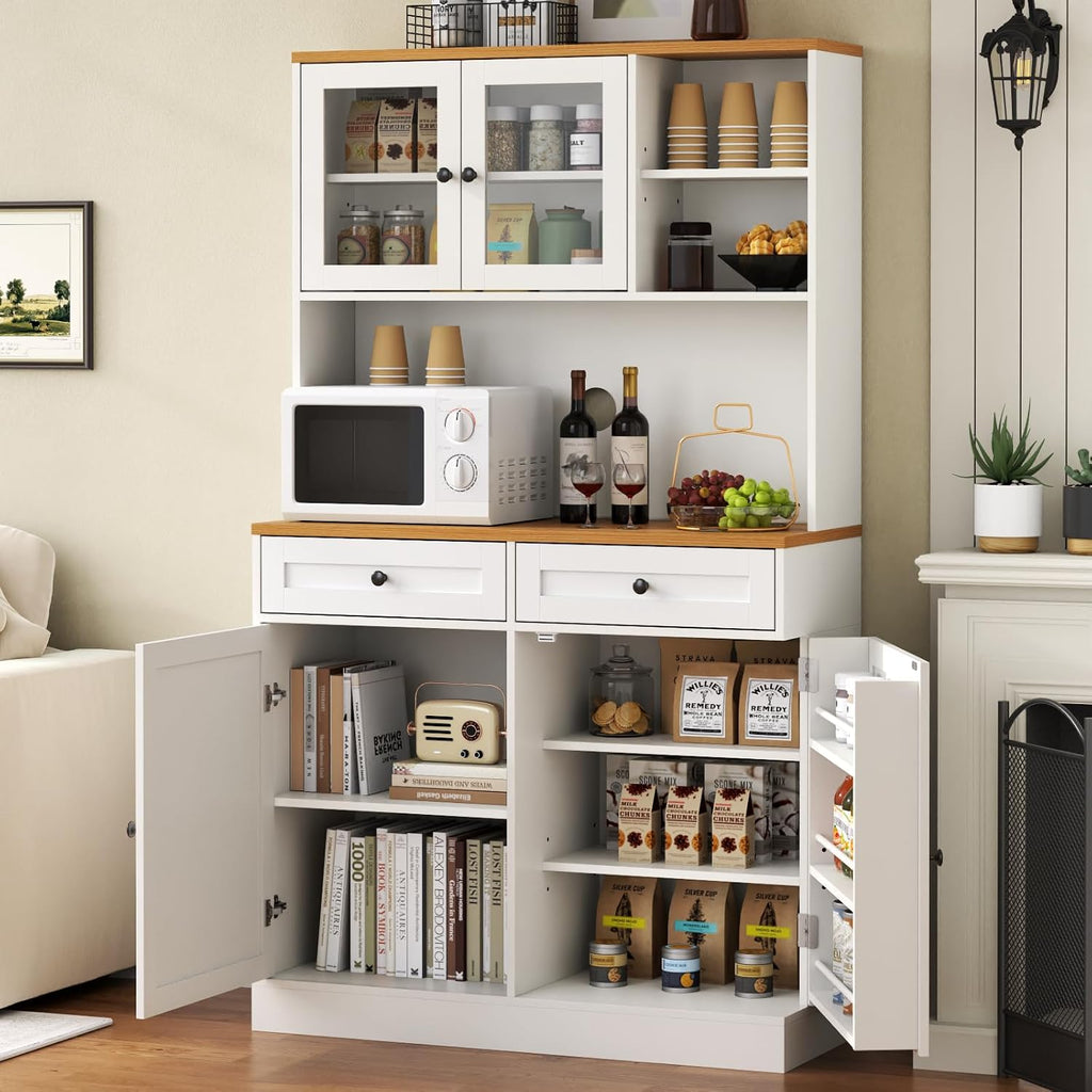 Tall Kitchen Pantry Cabinet, Modern Kitchen Hutch with Microwave Stand | Pantry Storage Cabinet with 2 Darwers & Door Shelf, Food Pantry with Glass Doors & Adjustable Shelves for Dining Room, White