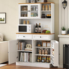 Tall Kitchen Pantry Cabinet, Modern Kitchen Hutch with Microwave Stand | Pantry Storage Cabinet with 2 Darwers & Door Shelf, Food Pantry with Glass Doors & Adjustable Shelves for Dining Room, White