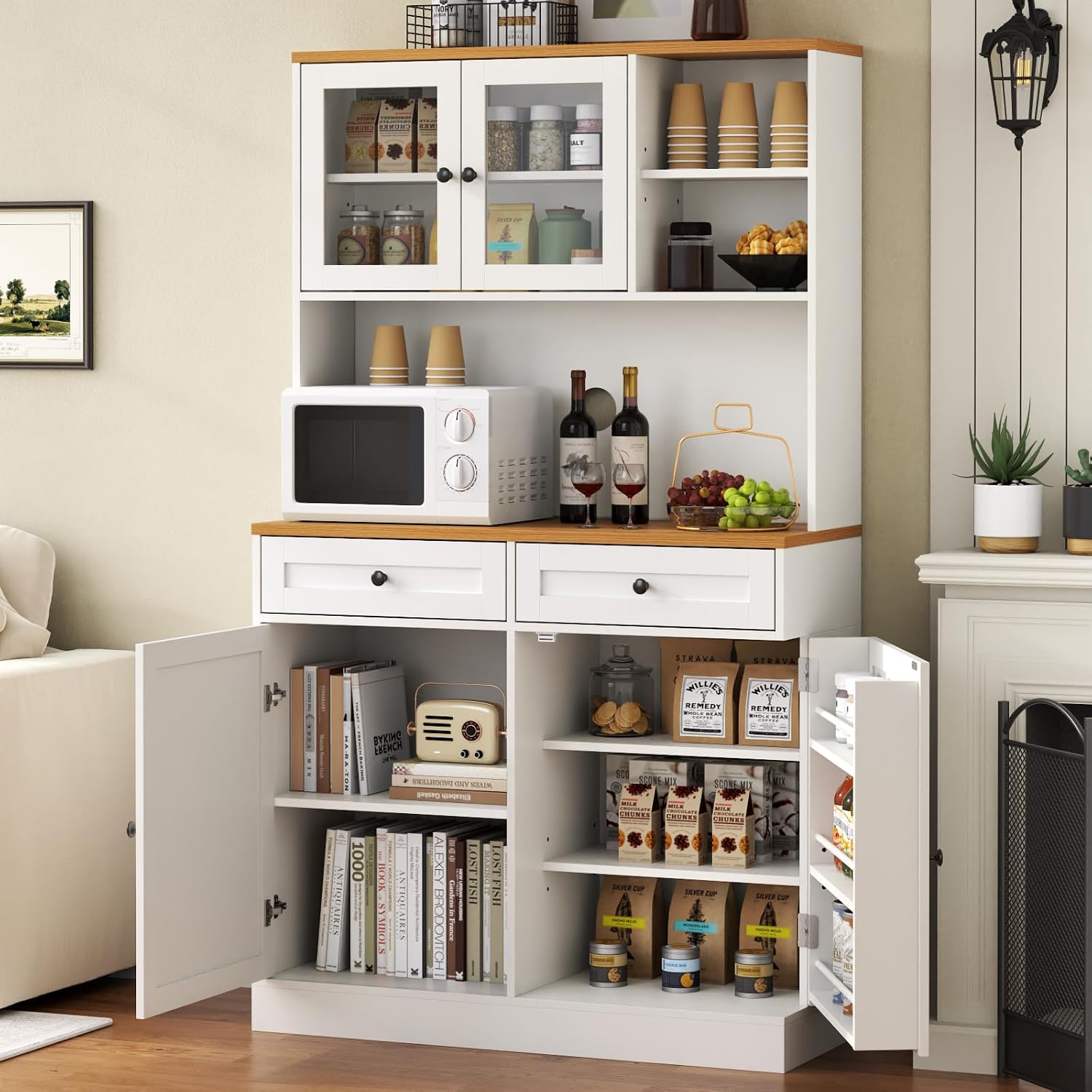 Tall Kitchen Pantry Cabinet, Modern Kitchen Hutch with Microwave Stand | Pantry Storage Cabinet with 2 Darwers & Door Shelf, Food Pantry with Glass Doors & Adjustable Shelves for Dining Room, White