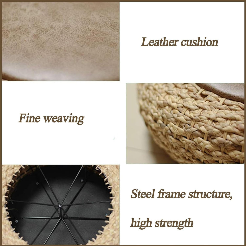 Round Straw Knitted Pouf, Foot Stool Leather Roof Steel Frame Stuffed Futon,for The Living Room Bedroom and Outdoor Seat(50cm/19.6in)