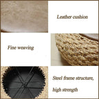 Round Straw Knitted Pouf, Foot Stool Leather Roof Steel Frame Stuffed Futon,for The Living Room Bedroom and Outdoor Seat(50cm/19.6in)