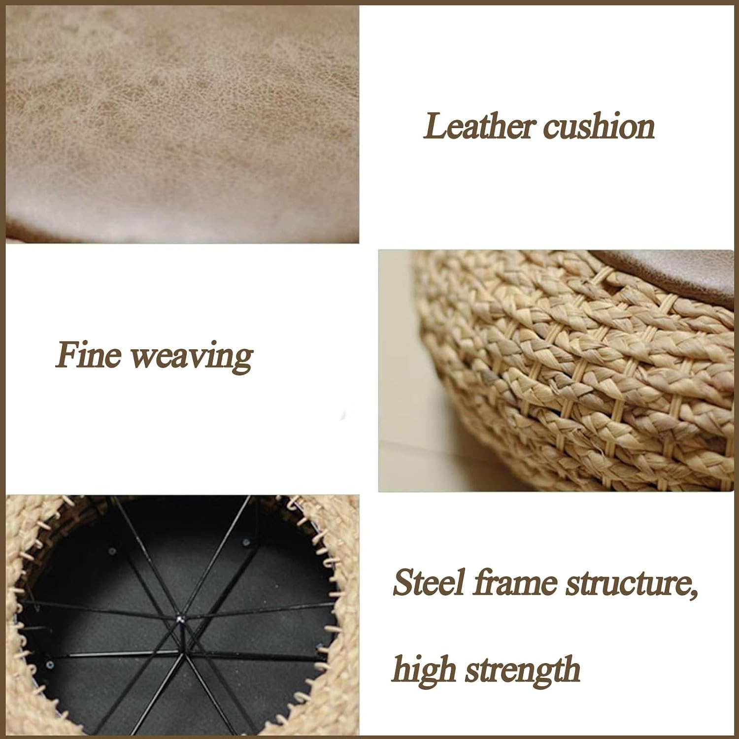 Round Straw Knitted Pouf, Foot Stool Leather Roof Steel Frame Stuffed Futon,for The Living Room Bedroom and Outdoor Seat(50cm/19.6in)
