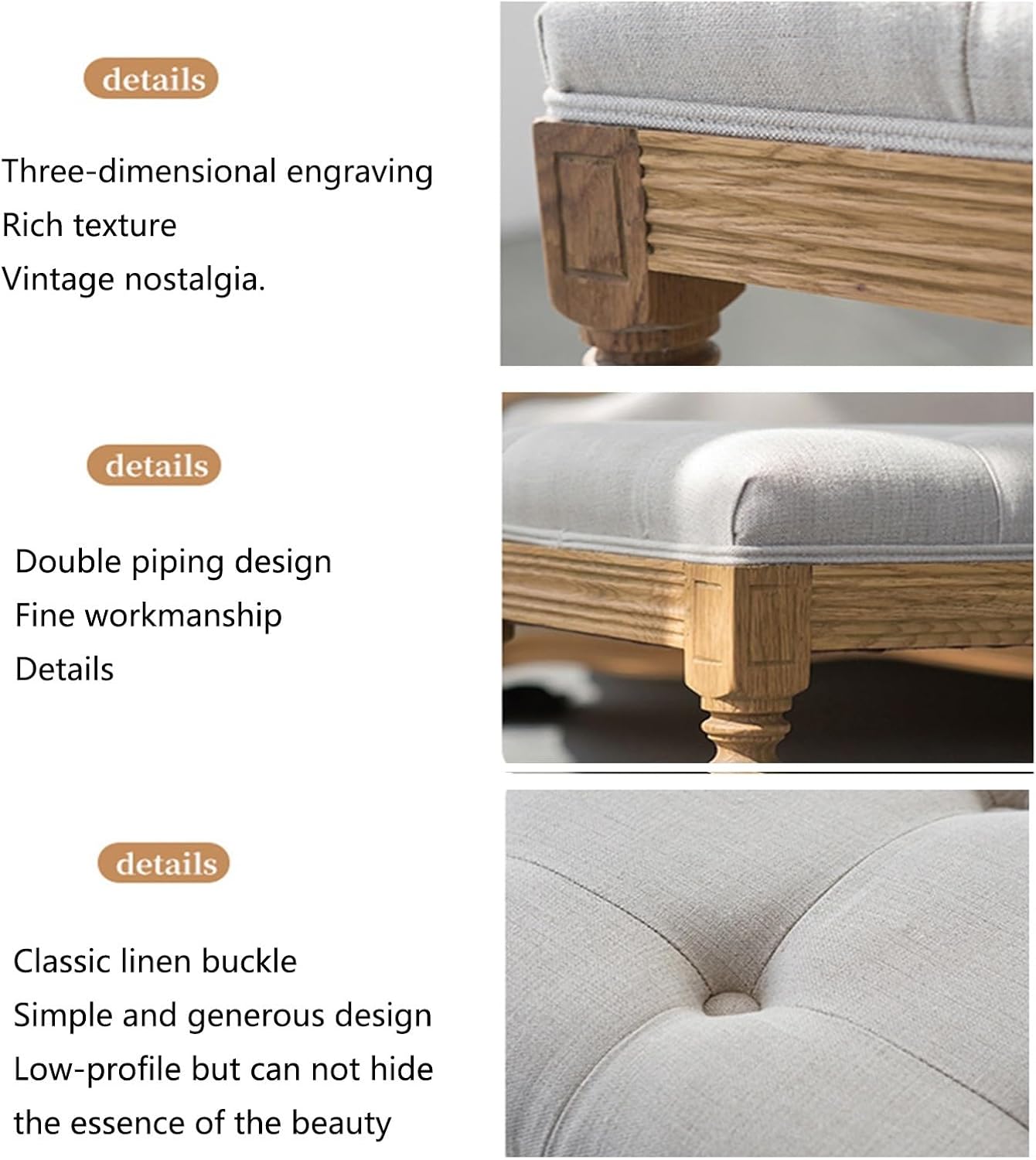Modern French Vintage Bench with Padded Seat and Rubberwood Legs, Memory Foam Upholstered Entryway and Dining, Tufted Fabric End of Bed for Bedroom Living Room Hallway Entryway