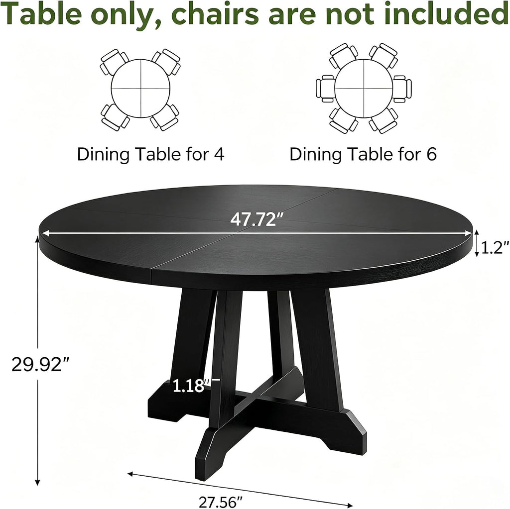 GarveeHome Round Dining Table for 4, 47 Inches Dining Room Table with Wooden Base, Kitchen Table with Circle Tabletop, Dinner Table for Dining Room, Kitchen, Living Room, Black