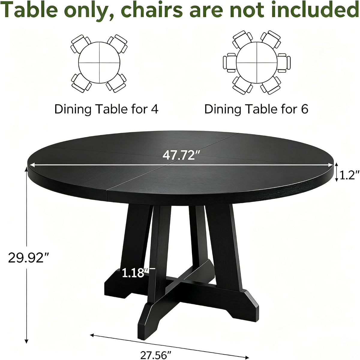 GarveeHome Round Dining Table for 4, 47 Inches Dining Room Table with Wooden Base, Kitchen Table with Circle Tabletop, Dinner Table for Dining Room, Kitchen, Living Room, Black