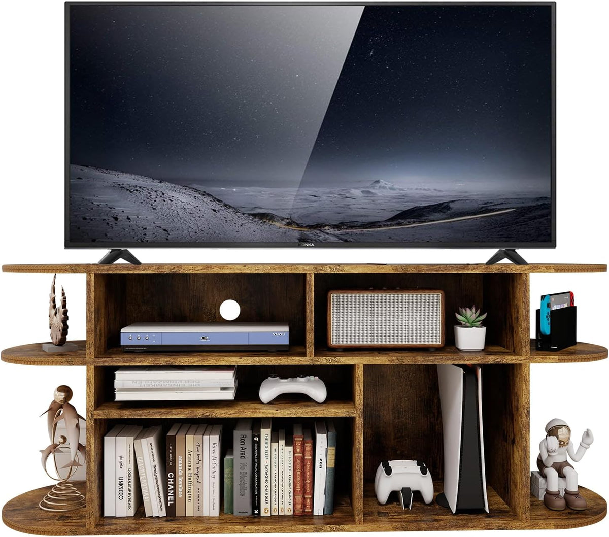 Solid Wood TV Stand for Living Room, Entertainment Center with Storage, TV Console, Adjustable Open Shelves&Wire Holes&Anti-Collision, Television Stands for Bedroom and Office