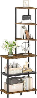 CHOEZON 6-Tier Corner Shelf, Industrial Corner Bookshelf with Desk Top, Diamond-Shaped Storage Shelves, Display Stand for Small Spaces, Living Room, Home Office, Foyer, Rustic Brown and Black TCJ70BF