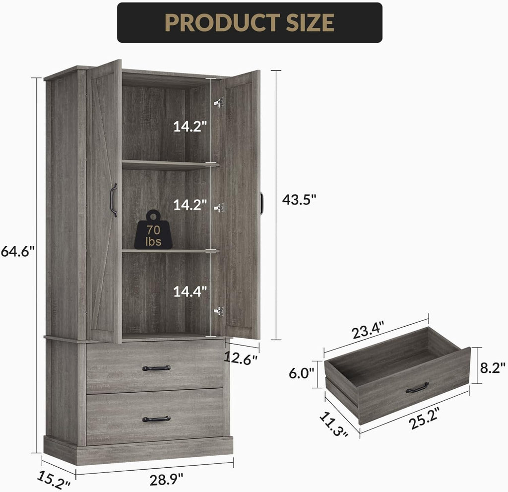 65" Tall Kitchen Pantry Cabinet with Barn Doors, Drawers & Adjustable Shelf, Farmhouse Storage Cabinet with Doors and Shelves for Kitchen Pantry Storage Cabinet, Dining Room, Laundry & Entryway, Grey