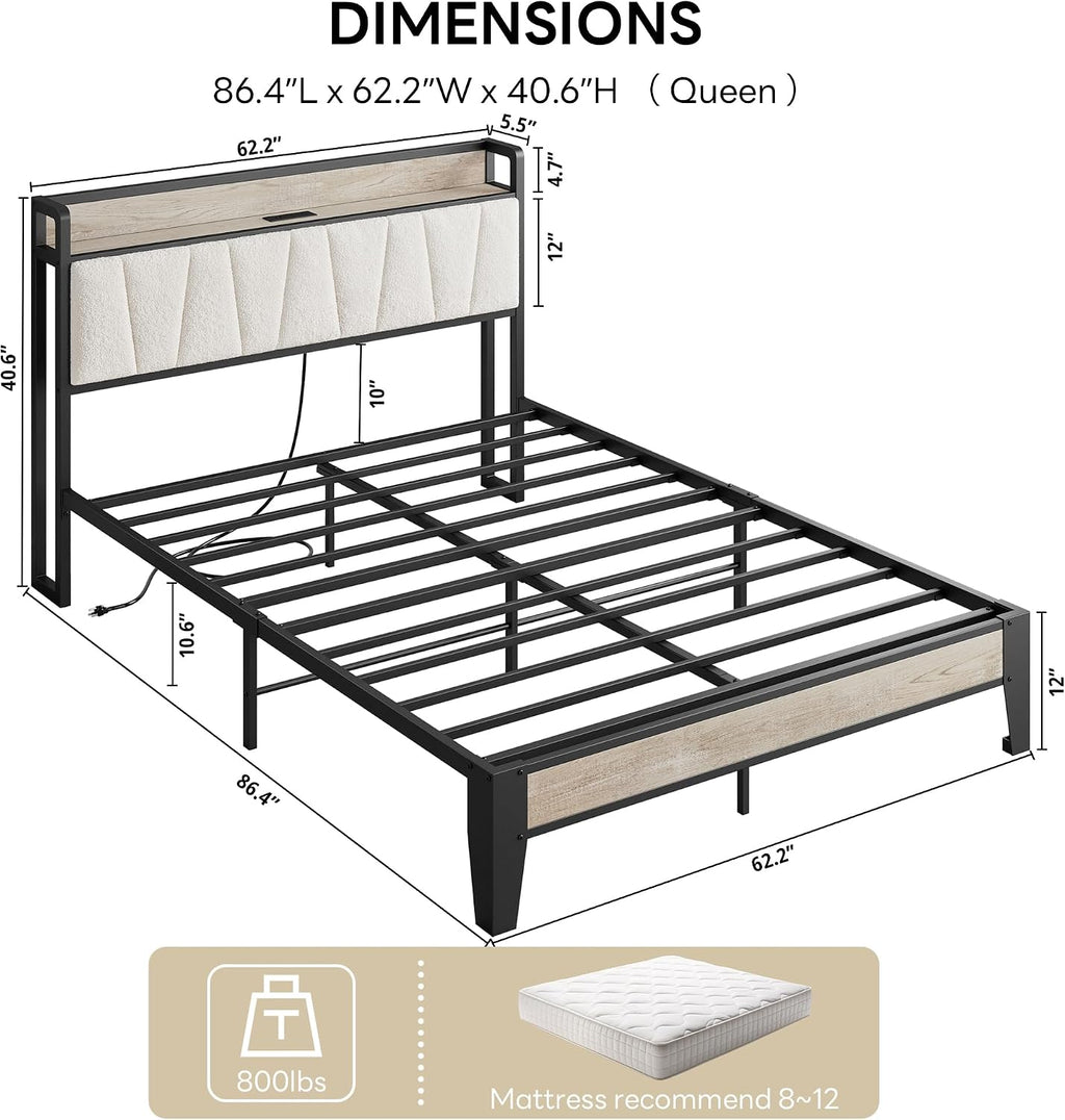 LIKIMIO Queen Bed Frame with Storage Headboard and Charging Station