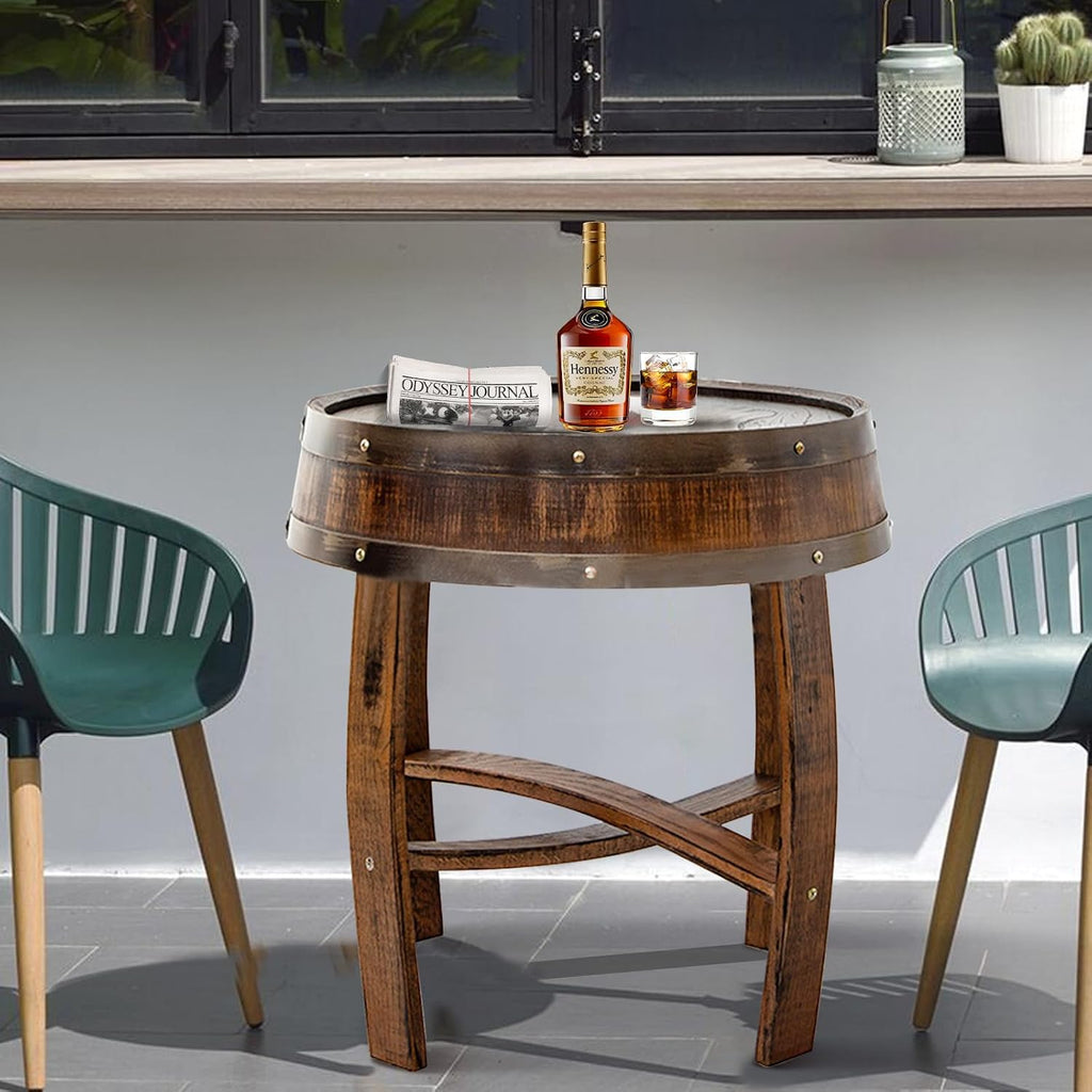 Farmhouse Coffee Table, Round Rustic End Table - Solid Wood Living Room Side Table,Handcrafted Whiskey Barrel Accent Table