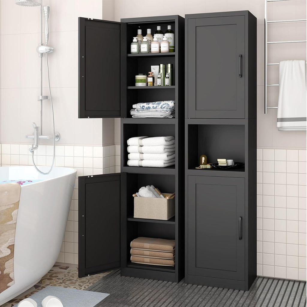 67" Tall Narrow Bathroom Storage Cabinet, Slim Metal Cabinet with Doors and Adjustable Shelves, Freestanding Pantry Organizer for Small Spaces, Bathroom, Kitchen, Laundry Room, Living Room, Black