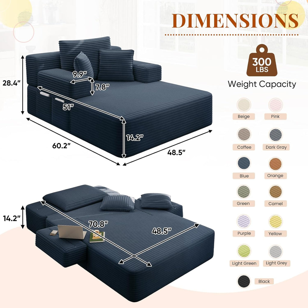 Chaise Lounge Chair Indoor, 60" Oversized Sleeper Couches W/Foldable Armrest Cloud Corduroy Upholstered Reading Chairs Floor Sofa Bed for Living Room No Assembly, Blue