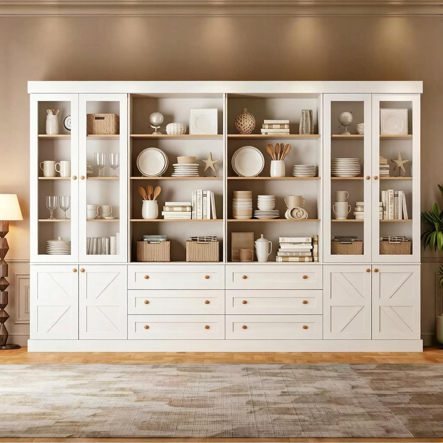 Vyre 71" Tall Farmhouse Kitchen Pantry, Large Storage Cabinets with Glass Doors, Freestanding Wood Hutch Cabinet with 3 Drawers, Adjustable Shelves for Living Room, Dining Room, Set of 4