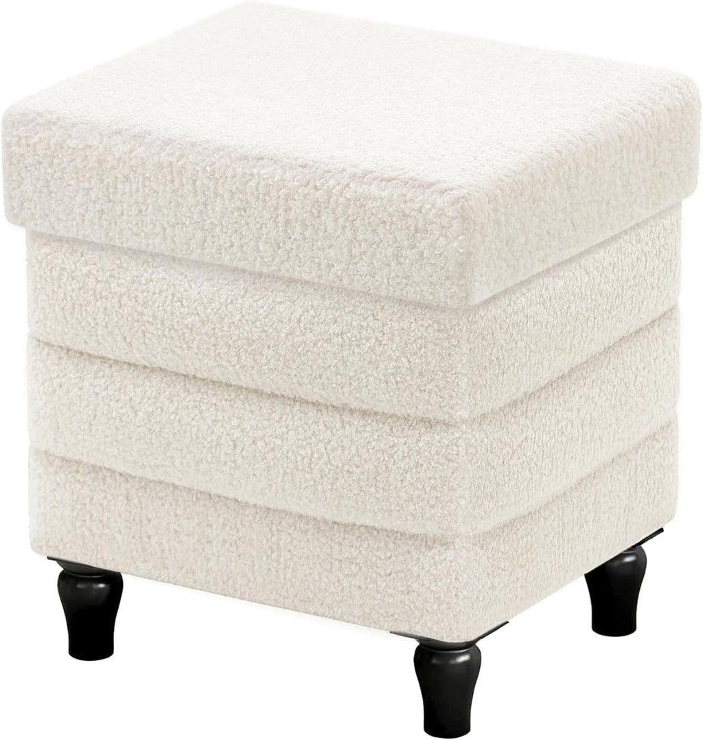CAROLMADE Folding Storage Ottoman Cube Sherpa Footstool with Wood Legs Ottoman Footrest for Living Room and Bedroom, White 15"x12.6"x15.4"