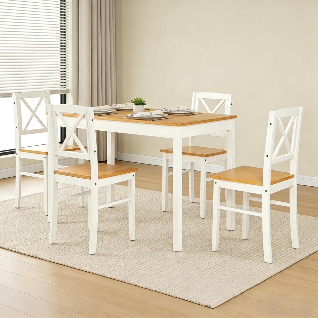 Harper & Bright Designs 5-Piece Dining Table and Chair Set for Apartment or Kitchen, Solid Rubberwood Kitchen Table Set, Space-Saving Design, Chairs Slide Under Table, Easy to Clean (Natural White)