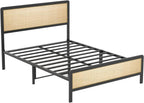 CABIHOME Rattan Queen Size Bed Frame with Natural Cane Headboard, Boho Platform Bed Frame, No Box Spring Needed, Noise-Free, Easy Assembly, Natural