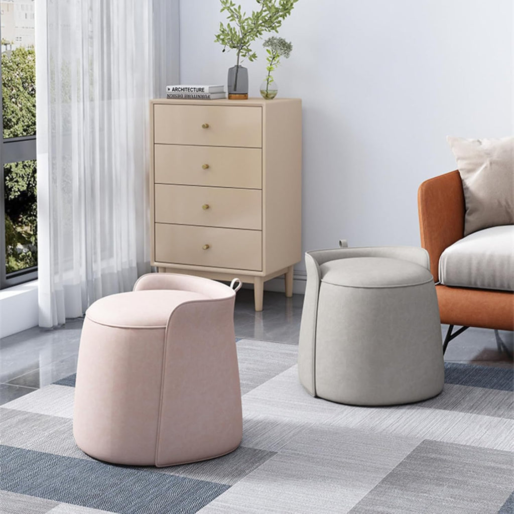 Modern Dresser Makeup Ottoman Stool, Leather Dresser Chair, Round Footstool, Extra Seating for Living Room/Bedroom/Entryway