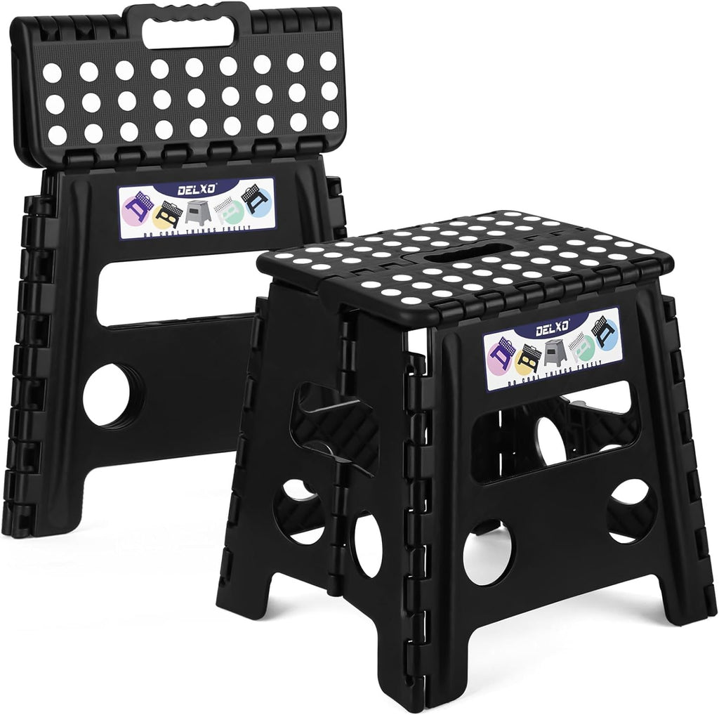 Delxo 13 inch 2 Pack Folding Step Stool, Non-Slip Foldable Stools Up to 300 LBS, Step Stool with Handle, Lightweight Collapsible stools for Kitchen, Bathroom, Bedroom, Garden (Black)