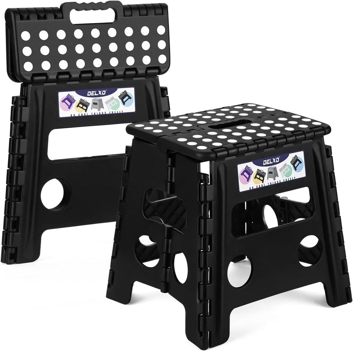Delxo 13 inch 2 Pack Folding Step Stool, Non-Slip Foldable Stools Up to 300 LBS, Step Stool with Handle, Lightweight Collapsible stools for Kitchen, Bathroom, Bedroom, Garden (Black)
