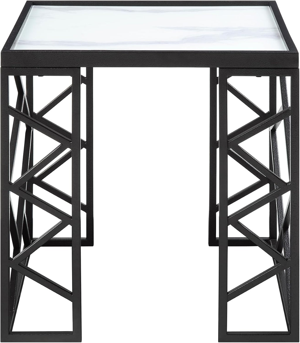 3pc Tables Set with Tempered Glass Top and Black Metal Frame | Includes 3-piece set with white marble-print tempered glass tops