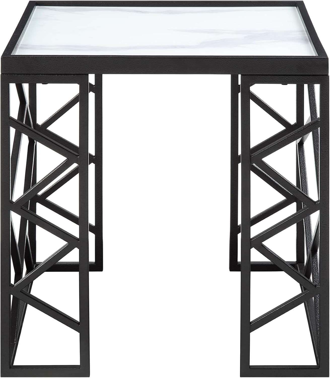3pc Tables Set with Tempered Glass Top and Black Metal Frame | Includes 3-piece set with white marble-print tempered glass tops