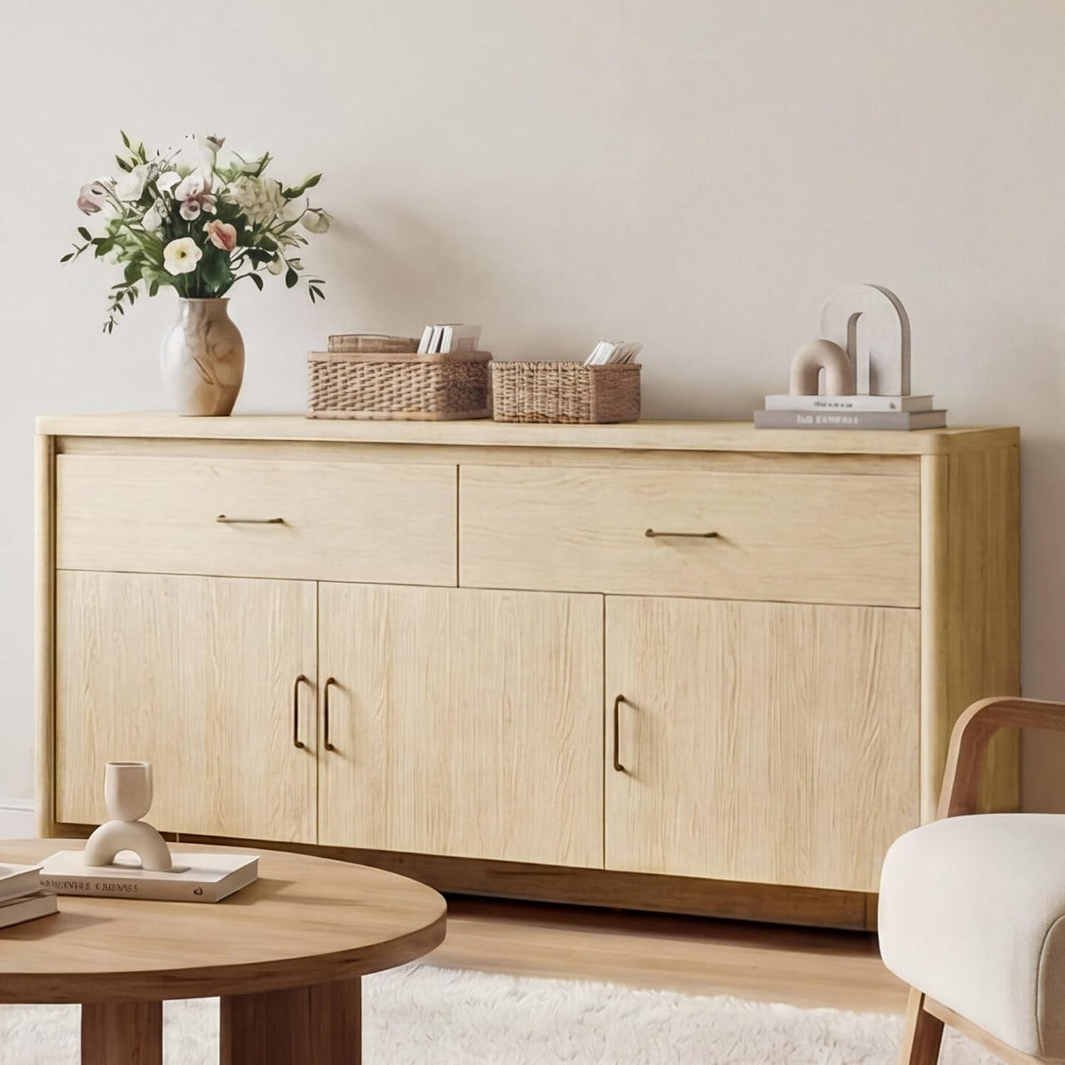 KISLOT 59" Sideboard Buffet Cabinet with Storage, Wood Kitchen Storage Cabinet with Adjustable Shelves & Drawers, Mid Century Modern Credenza for Kitchen, Living Room, Entryway (Natural Oak)