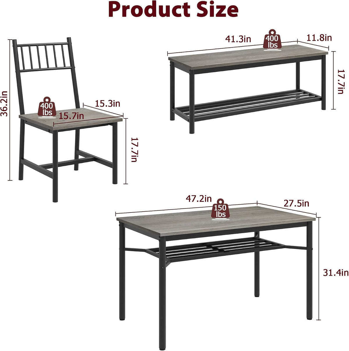 Dining Table Set for 4, Kitchen Table and Chairs for 4 with Wine Rack, Rectangular Dining Room Table Set with Bench, 4 Piece Dining Table Set for Small Space, Apartment, Retro Gray