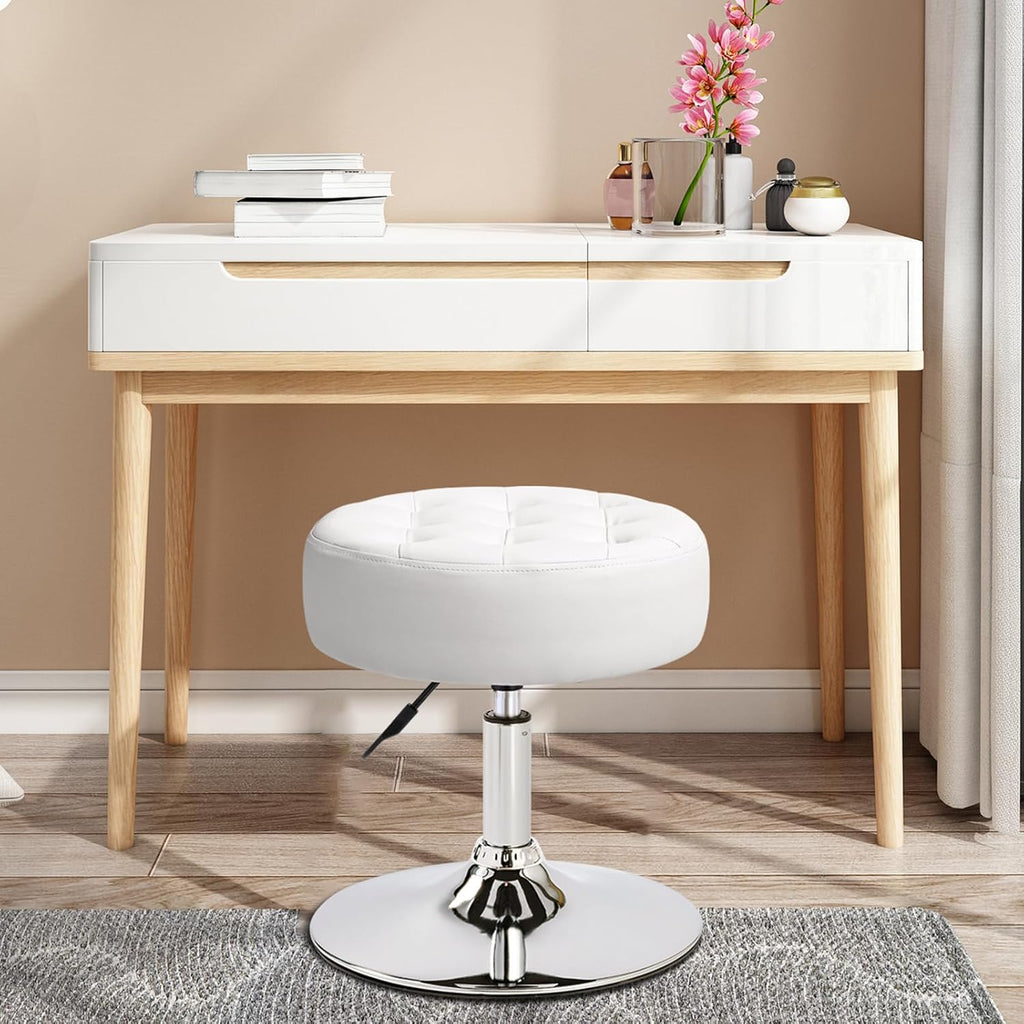 360° Swivel PU Leather Vanity Stool, White Makeup Chair for Bedroom, Large Round Ottoman Stool