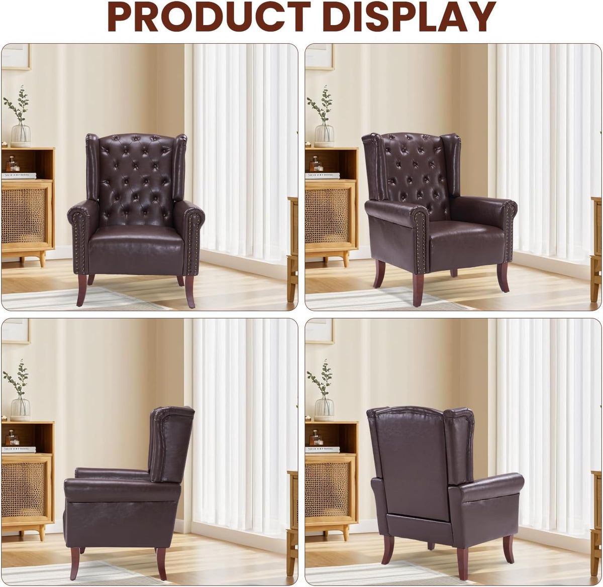 Modern Accent Chair Set of 2, Mid-Century Faux Leather Armchair Upholstered Club Sofa Chair with Wooden Legs, High Back Living Room Chair for Bedroom, Office, Lounge (Caramel)