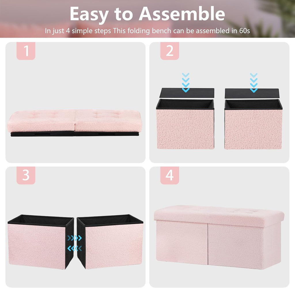 Storage Ottoman Bench, 34" Teddy Velvet Folding Foot Rest, Pink | Large Ottoman with Storage, Thicker Foam Padded Seat, 34 x 13 x 13in, Livingroom, Dorm, Bedroom, Easy to install, 86L