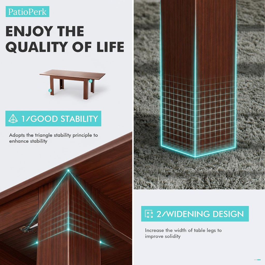 PatioPerk 54.3" to 84.5" Rectangular Extendable Dining Table, Solid Wood Expandable Kitchen Table with Hidden Leaf, Space Saving Dining Table for 4-8 People, Modern Dining Room Table(Bright Brown)